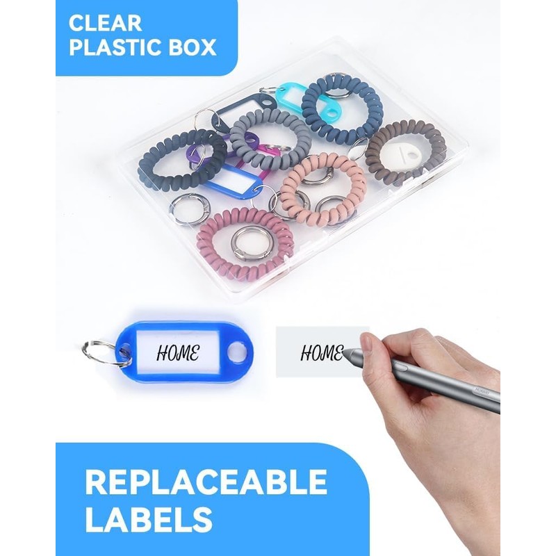Pack of 6 Key Rings with Writeable Labels, Wrist Coil