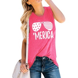 YI XIANG RAN American Flag Tank Tops Women Sunglass Graphic Tees Shirts Casual Sleeveless 4th of July Shirt Tops(Red, Large)