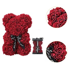 Flower Bear Rose Teddy Bear Decoration Anniversary Holiday Wedding Artificial Rose Flowers with Gift Box for Wife Girlfriend, Red