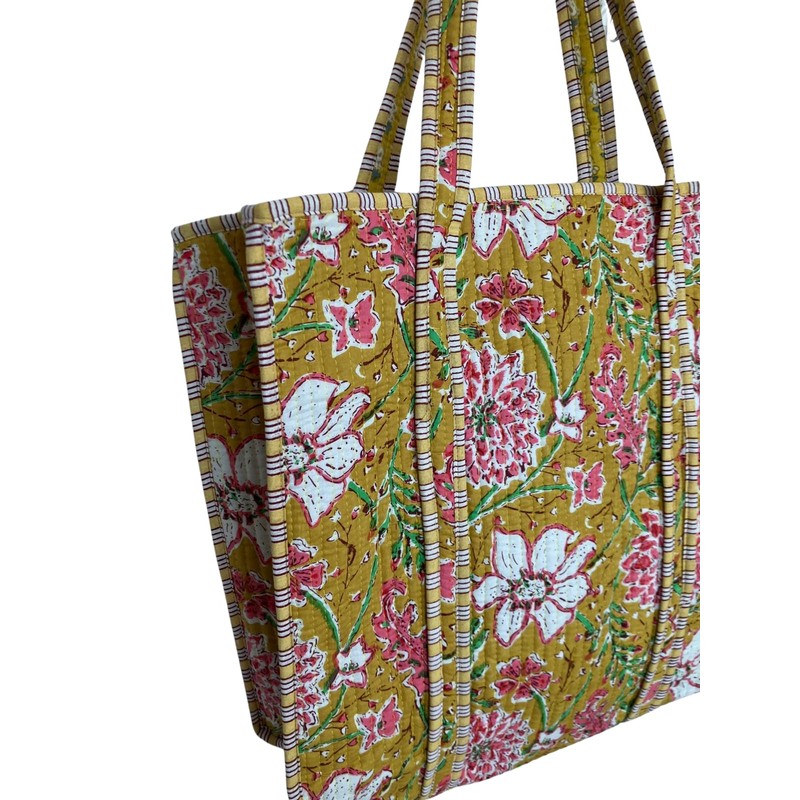 Floral Print Cotton Tote Bag, Quilted Mustard Yellow with Pink
