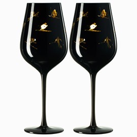 Crystal Stemmed Skiing, Apres Ski Skiier Wine Glasses Goblets - Set of 2-14oz Vibrant Themed Winter Snow Sports Ski & Snowboard Frosted Glass, Black & Gold Etched, Great for Gifts for Her, Him Skier