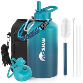 Insulated Water Bottle 64 oz, Triple Wall Vacuum Stainless Steel(Cold for 48 Hrs),Leak Proof & BPA-Free,Half Gallon Water Bottle with Reflective Paracord & Flip Straw for Sports & Travel, CyanBlue