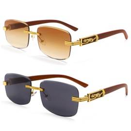 Dollger Rimless Rectangle Sunglasses for Women Men Vintage Hip hop Frameless 90s 2000s Designer Shades Leopard Wooden Arms Y2K Square Sun Glasses