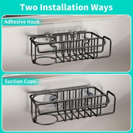 HapiRm 4 in 1 Kitchen Organizers and Storage, SUS304 Stainless Steel Brush Holder + Dish Cloth Hanger + Soap Rack + Sink Stopper Rack, No Drill Kitchen Essentials - Black