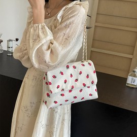 POYIPI Strawberry Purse Corduroy Tote Bag for Women Cute Aesthetic Crossbody Bag Fashion Chain Shoulder Handbag Canvas Wallet, Beige