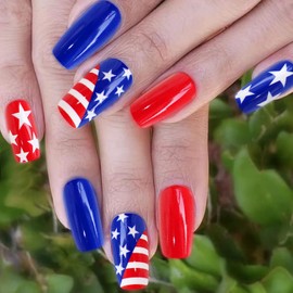 24 Pcs Independence Day Press on Nails Medium Coffin Fake Nails 4th of July Glue on Nails Full Cover American Flag Star Designs Natural & Fit False Nails Patriotic Artificial Stick on Nails for Women