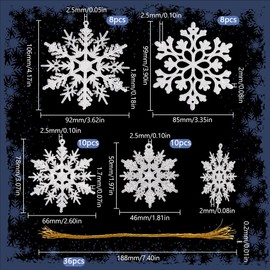 SUNNYCLUE 1 Box 36Pcs Christmas Snow Flakes Decorating Hanging Plastic Snowflakes White Snowflake Xmas Glitter Snow Flakes Party Decorations Ornaments for Winter Wonderland Holiday Parties Home Decor