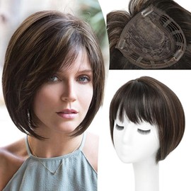 Hair Topper Hair toppers for Women Toppers Hair Pieces for Women Short Bob Hair Toppers with Bangs Side Part Hair Toppers for Women with Thinning Hair Synthetic Wig Toppers for Thinning Hair - Color: Dark Brown with Highlights