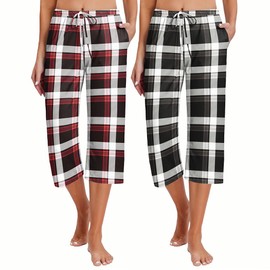 Ekouaer 2 Pack Women's Capri Pajama Pants Printed Drawstring Comfy Pj Bottoms With Pockets