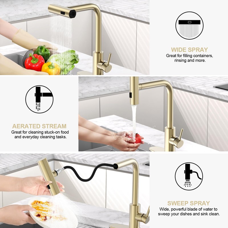 AVSIILE Brushed Gold Waterfall Kitchen Faucets with Pull Down Sprayer
