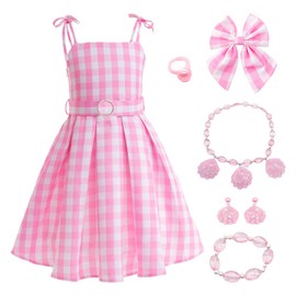 Metaparty Girls Princess Dress Up,Pink Plaid Dress Pink Costume，Princess Fancy Dress,Pink Plaid Princess Dress，World Book Day Costumes for Girls (110)