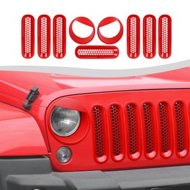 SQQP Mesh Grille Grill Insert+ Headlight Turn Light Cover Trim Fit for 2007-2018 Jeep Wrangler JK JKU Style A(Red)