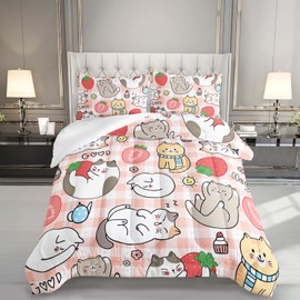 Kawaii Comforter Set for Girls Kids Kawaii Cat 3 Pieces Bedding Set Twin Size,Cartoon Strawberry Bed Set Quilts Set Lightweight Soft Microfiber Warm Down Alternative All Season With 2 Pillowcase