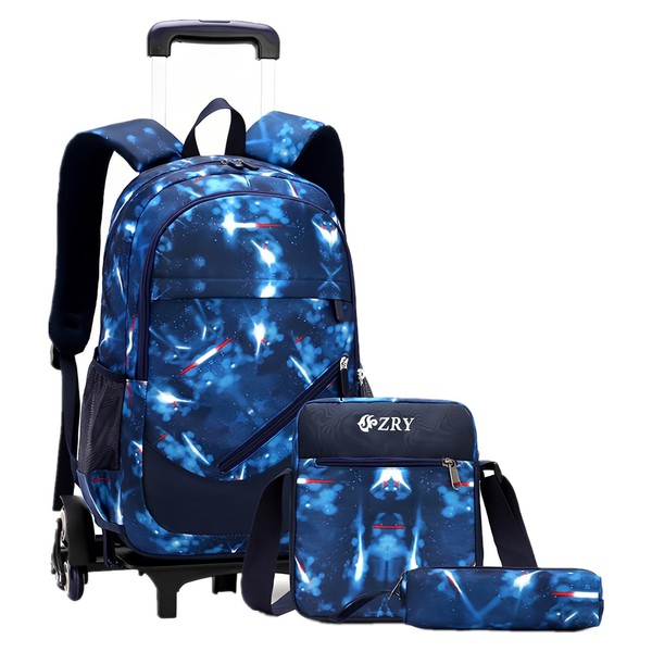 3Pcs Blue Space Boys Rolling Backpacks for Middle School Trolley