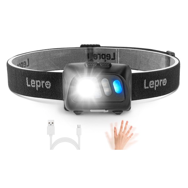 Lepro Head Torch Rechargeable, Super Bright Led Headlamp with Motion Sensor, Long Runtime, 5 Lighting Modes, Red Warning Lights, Waterproof Lightweight Headlight for Running Camping Fishing