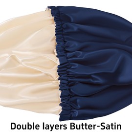 QFE Adjustable Silk Bonnet for Sleeping Women Hair Satin Accessories Curly Gorro de Seda para Dormir Anti Frizz Sleep Bonnets Double Layer Satin Lined Bonus, Matching Hair Scrunchie, Dark Blue