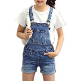 Flyswiner Girls Little Kids Distressed BF Jeans Cotton Denim Ripped Bib Overalls Shortalls 160 Blue 13-14 Years