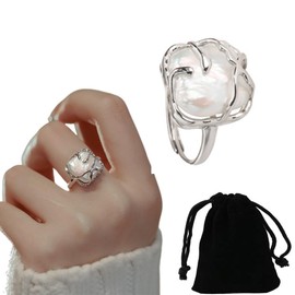 Irregular Pearls Women's Silver Ring, Open Adjustable Pearl Ring, Shiny Finger Ring, Fashionable Statement Ring, Silver Ring for Women