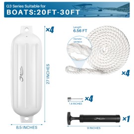 OBAKL Boat Fenders 4 Pack 8.5 x 27 Inches Ribbed Twin Eyes Boat Fenders Bumpers for Docking, Comes with Ropes and Pump to inflate(White)