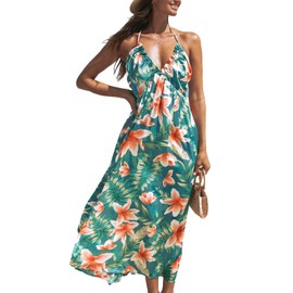 CUPSHE Women's Backless Beach Dress Halter Neck Ruffle Plunge V Neck Sleeveless Maxi Sundress Summer Dresses, Tropical Floral Green M