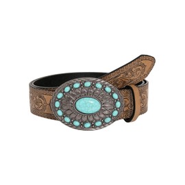 GORGLITTER Women's Western Leather Belt Vintage Turquoise Buckle Waist Belt for Dress, Brown Leather, suit waist size:33.5-37.4"