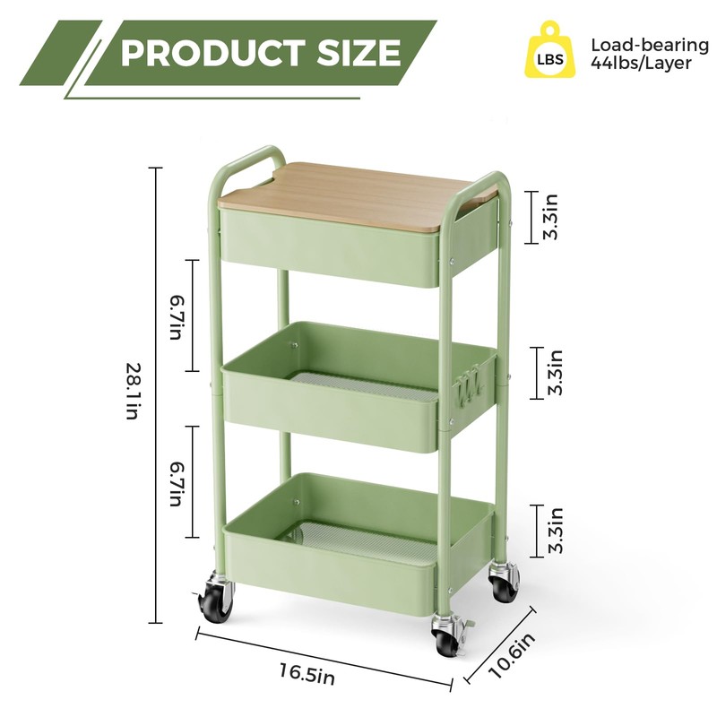 johgee 3 Tier Rolling Cart with Table top, Metal Rolling