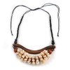 Avalaya Statement Sea Shell, Brown Wood Bead Black Cotton Cord