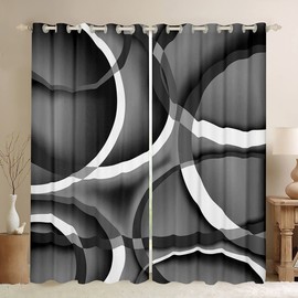 Retro Circle Geometry Curtains,Gray Black Window Curtains for Boys Girls Teens,Stripe Line Art Window Treatment Curtains Home Decor,Geometric Modern Window Drapes for Living Room Bedroom,52Wx96L