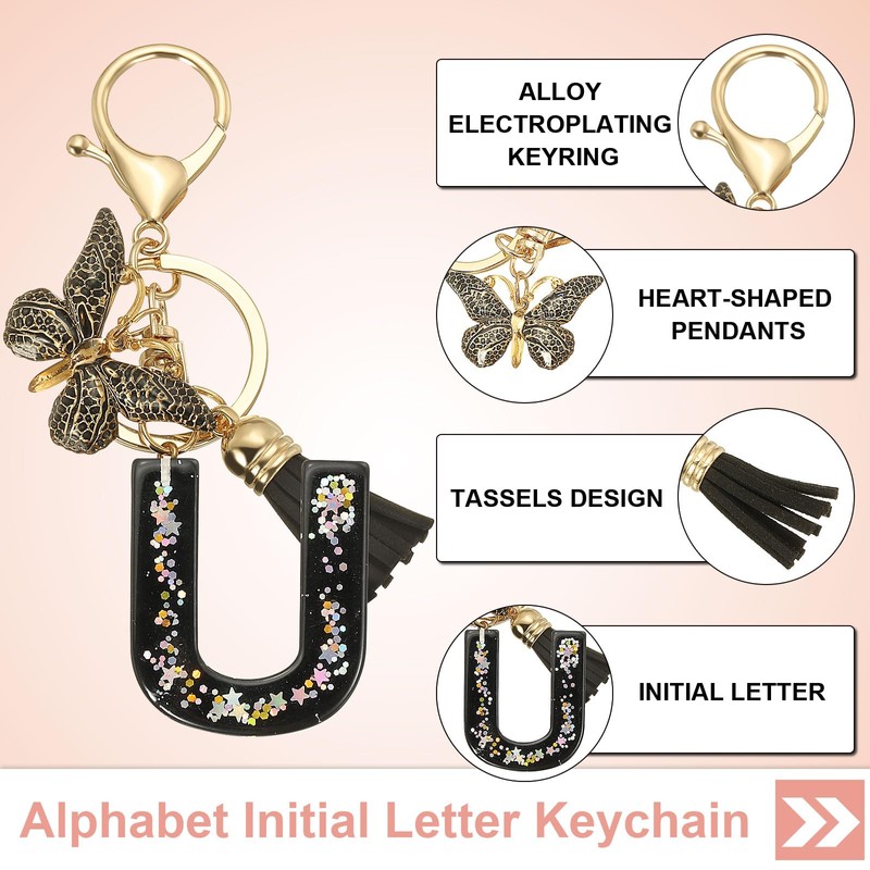 [PATIKIL] アルファベットイニシャルレターキーチェーン 女性用キーパースハンドバッグバッグアクセサリー用タッセルバタフライレターUペンダント装飾付きレジンかわいいキーチェーン 黒