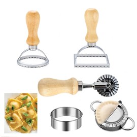 Ravioli Pasta Cutter Wheel Set，Ravioli Stamp Maker Cutter with Roller Wheel (Set of 5)，Mold with Wooden Handle and Fluted Edge for Ravioli, Pasta, Dough Cutter and Press Stamps