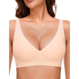 Vinfact Deep V Neck Bras for Women No Underwire Smooth Seamless Bralettes Comfort Lift Wireless Adjustable Bras Beige,M