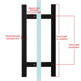 Rackickyer Back to Back Ladder Shape Frameless Glass Shower Door Pulls, Fits 6-12mm(1/4"-1/2") Glass Doors, 8 Inch Mounting Hole Distance, Matte Black Stainless Steel Door Handles for Bathroom