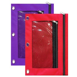SORDIM 3 Ring Binder Pencil Pouch, 2 Pack Pencil Pouches with Zipper-Pencil Case with Double Pocket and Mesh Window (Purple&Red)