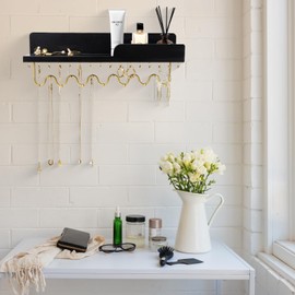 Lampaggio Hanging Jewelry Organizer with 29 Hooks and Cosmetics Shelf, Modern Wood Wall Mounted Jewelry Holder for Necklaces, Bracelets, Earrings and Rings, Black