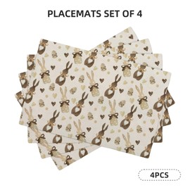 Easter Placemats Set of 4,Brown Beige Polka Dot Bunny Table Mats 12x18 Inch,Spring Love Heart Bow Rabbit Heat-Resisting Non Slip Linen Burlap Place Mats for Kitchen Dining Table Decor