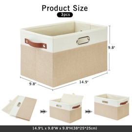 Bagnizer Large Collapsible Fabric Storage Bins with 3 Handles, Foldable Organizer Baskets for Closet, Shelves, Living Room | 3 Pack, Durable PU & Metal Handles (14.9"x9.8"x9.8", Beige & White)
