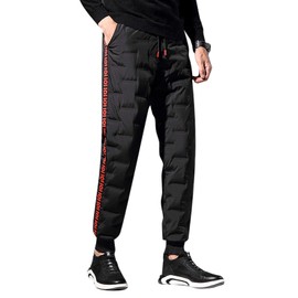 ANUFER Mens Winter Warm Duck Down Filled Snow Pants Water-Resistant Outdoor Sweatpants with Zipper Pockets Black - Red S