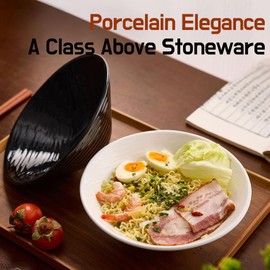 BICETTO Premium Porcelain Ramen Bowl Set 45oz, 8inch - Durable & Stylish - Perfect for Ramen, Pho, Soup, Salad, and Noodles - Microwave & Dishwasher Safe - Elegant, Lightweight (Ivory Purity, 8 inch)