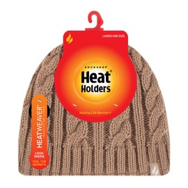 HEAT HOLDERS - Womens Thermal Fleece Lined Cable Knit Winter Beanie Hat 3.4 tog (One Size, Sand)