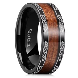King Will 8mm Black Titanium Ring Koa Wood Inlay Celtic Knot Laser Wedding Ring High Polished for Women Men Comfort Fit 12