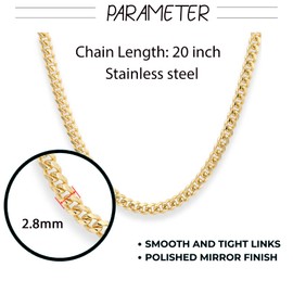 SephSmith Cuban Link Chain for Men Women, Stainless Steel Cuban Link Necklace, Silver/Gold Tone Hip-Hop Style, 2.8/3/3.6/4/5/6/8/10 mm Width, 18/20/22/24 Inch Length Chain (2.8mm Gold, 20 inch)