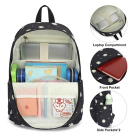 Cuayxox Flowers Girls Backpack for School, Kids Elementary School Bag Teens Middle Bookbag Set with Lunch Box Pencil Case (Daisy Black)