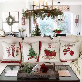 Cushion Cover Christmas 40 x 40 cm, Set of 4 Cushion Covers Decorative Cushion Linen Cushion Covers for Decoration Christmas Sofa Bedroom Couch Cushion Cover 40 x 40 cm