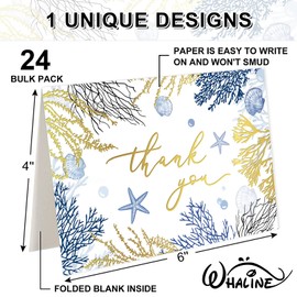 Whaline 24 Pack Ocean Thank You Cards Gold Foil Blue Coral Greeting Cards with Envelopes Stickers Blank Note Cards for Coastal Beach Birthday Baby Shower Party Supplies, 4 x 6 Inch