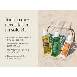 Kit de Viaje para Playa 3x60ml | Bloqueador Solar Mineral FPS 50+ + Repelente Natural sin DEET + After Sun Aloe Vera | Biodegradable | Bolsa Artesanal | BEMAYA
