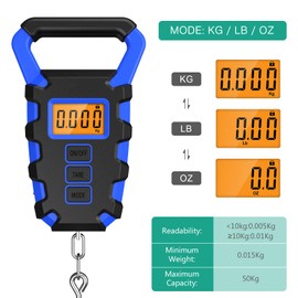 ORIA Digital Fish Scale with Ruler and Fish Gripper, 110lb/50kg Portable Hanging Scale Fishing Scale, Baggage Weighing Scale, Backlit LCD Display (Blue)