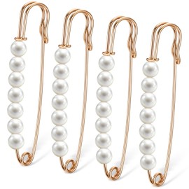 Ymapinc 4Pcs Gold Pearl Brooch Pins for Women, Large Safety Pins Decor for Clothing Hijab Sweater Shirt Skirts Dresses Pants Sleeves Hats Collars Scarves Bags, Fashion Wedding