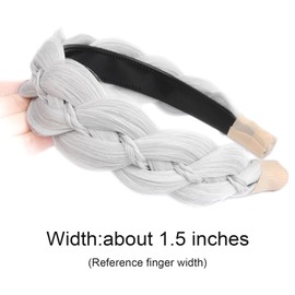 VOPPIS Wide Braided Headband with Teeth Synthetic Hair Plaited Headband Fishtail Braided Hair Band Hairpiece for Girls Women Beauty Accessory (White Gray, Wide)