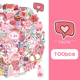 Rumyve 100 PCS Heart-Shaped Pink Cute Stickers - Love You Scrapbooking Waterproof Stickers for Girls' Fashion, Luggage, and Laptop