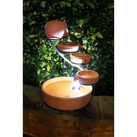 ASC Cascade Ceramic Solar Water Fountain w/ Battery/Timer LED Lights and Pump - Terracotta